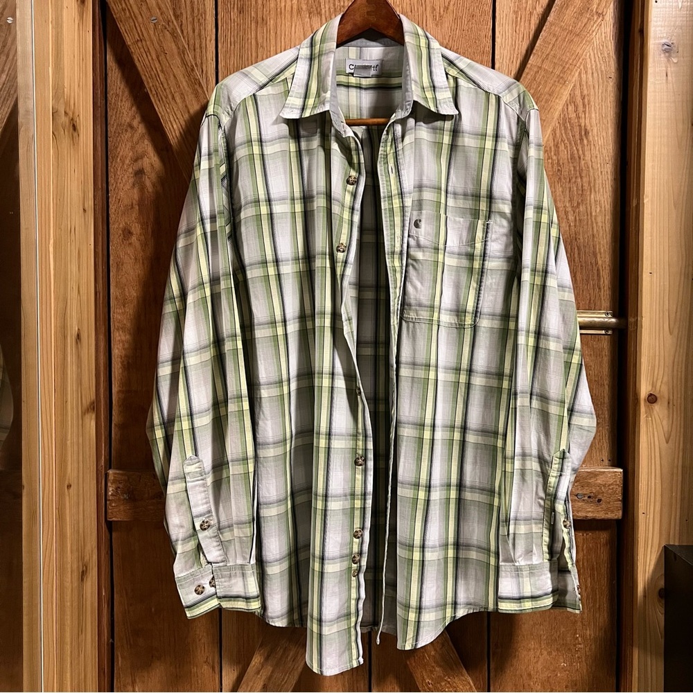 🧑‍🏭Vintage Carhartt Men's L Green Plaid Long Sleeve Button Down Casual Shirt